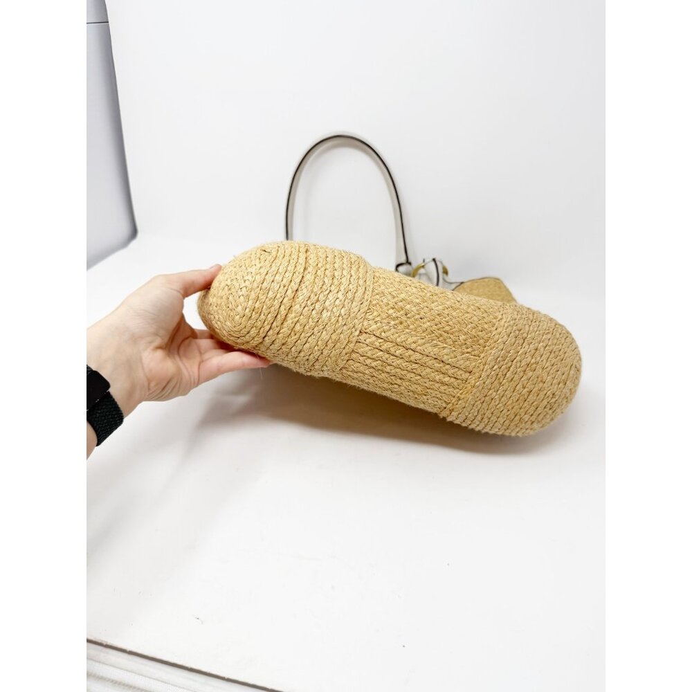 Coach Bleeker‎ Natural Straw Woven Tote Handbag Floral Detail Leather Trim Beige - Picture 4 of 5